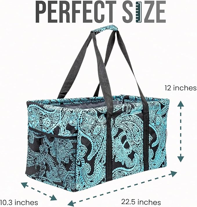 Extra Large Utility Tote Bag - Oversized Collapsible Reusable Wire Frame Rectangular Canvas Basket With Two Exterior Pockets For Beach, Pool, Laundry, Car Trunk, Storage - Paisley Blue