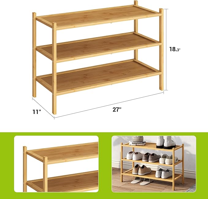BMOSU 3-Tier Bamboo Shoe Rack Premium Stackable Shoe Shelf Storage Organizer for Hallway Closet Living Room Entryway Organize
