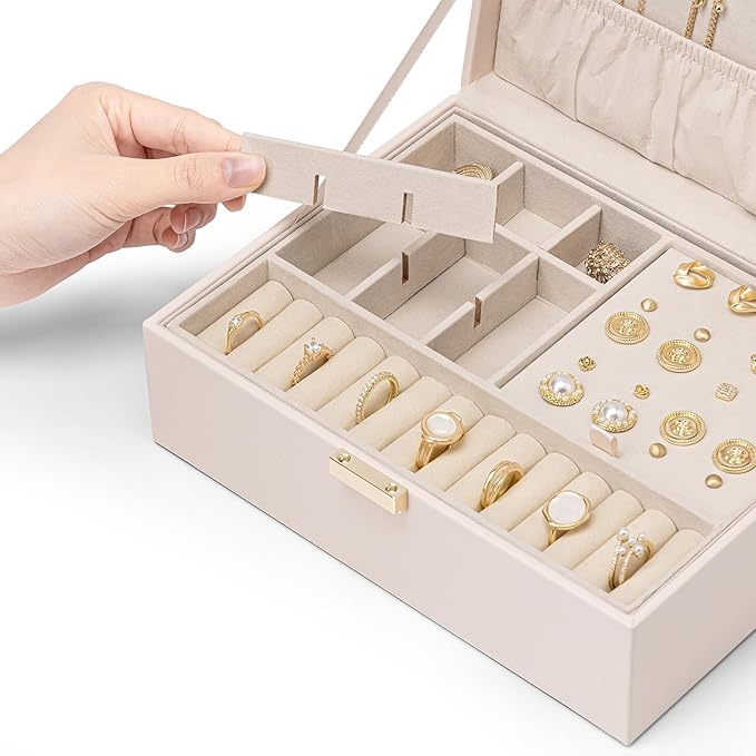 VLANDO 2 Layer Jewelry Box Large Jewelry Organizer for Women Removable Jewelery Tray for Necklace Earrings Rings Bracelets Mo
