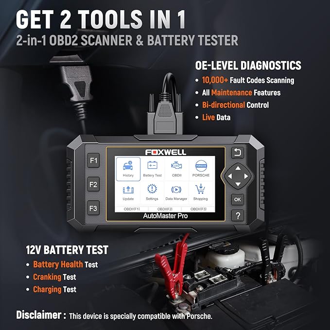 FOXWELL NT510 Pro fit for Porsche OBD2 Scanner with 12V Battery Tester, Full System Diagnostic Bidirectional Control Scanner