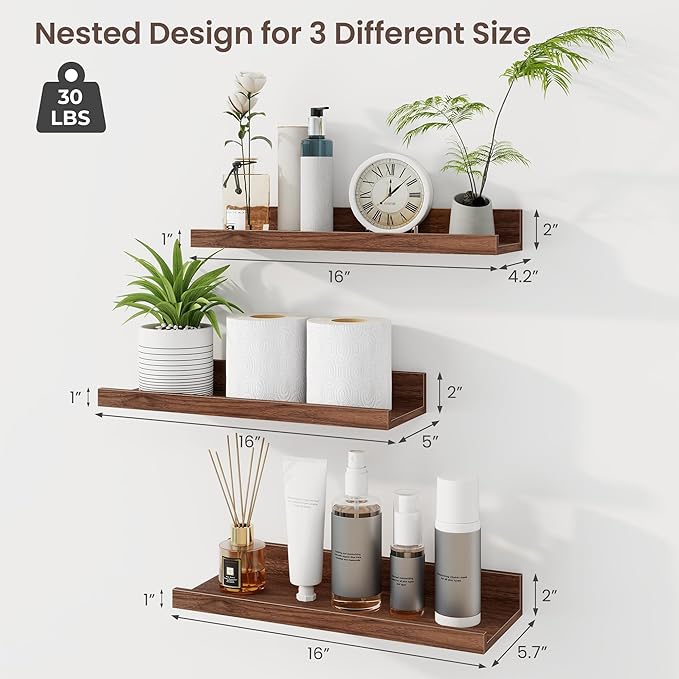 Axeman Picture Ledge Shelf | 16 Inch Walnut Floating Shelves Set of 3 | Rustic Wood Wall Shelves with Lip | 16" Walnut Pictur