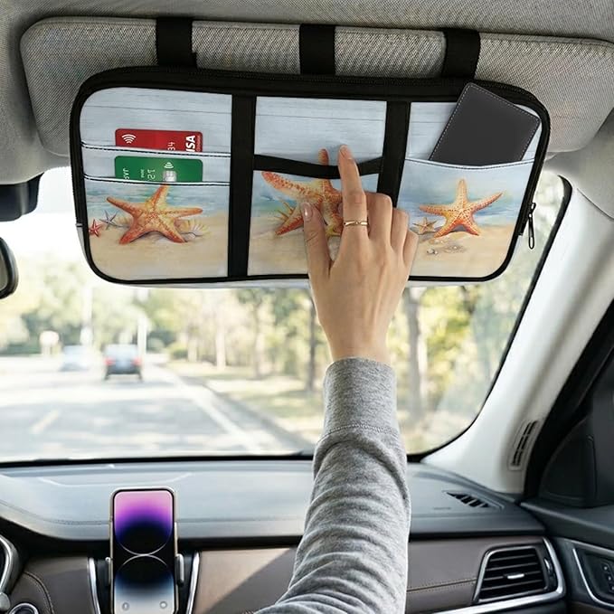 Beach Starfish Car Sun Visor Organizer Fashion Car Sun Visor Storage Bag Multi-Pocket Car Interior Accessories Easy to Store and Install Fits for Cars SUV