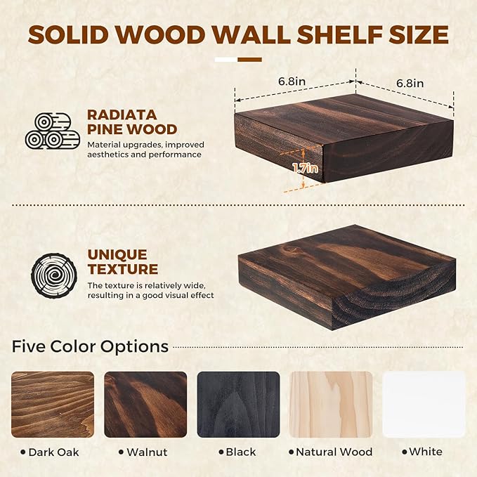 Floating Wall Shelves 6.8x6.8x1.7 Inch – Solid Wood Square Shelves in Walnut Finish – Rustic Mini Display Shelves for Entrywa