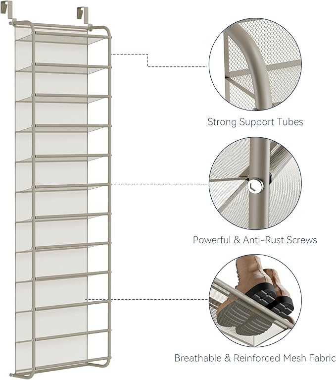 Whitmor 36 Pair Over The Door Shoe Organizer, 12 Tier Hanging Shoe Organizer, Heavy Duty Metal & Mesh Shoe Holder, Hanging Sh