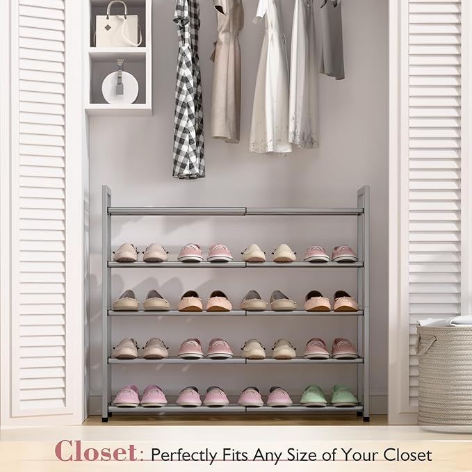 Bumusty 5-Tier Expandable Shoe Rack for Closet, 18“-33” Adjustable Shoe Rack for Small Space, Small Shoe Organizer for Front 