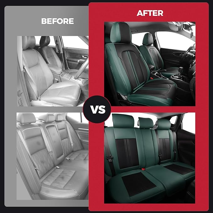 FREESOO Leather Car Seat Covers Full Set, Green Black Waterproof Seat Covers for Cars Trucks SUV, Luxury Front Car Seat Cover