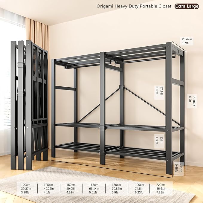 Garment Rack with Cover, Heavy Duty Portable Wardrobe Closet 2000LB, Foldable Clothe Rack with Wheel, Clothes Rack for Hangin