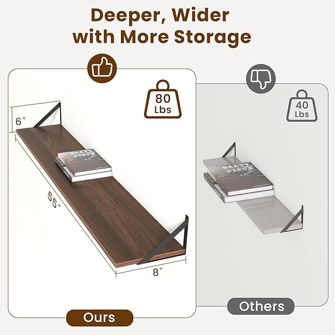 55" Long Wall Mounted Floating Shelves,8 inch Deep Floating Shelf with Metal Brackets Set of 2,Easy-to-Install Wall Decor Sto