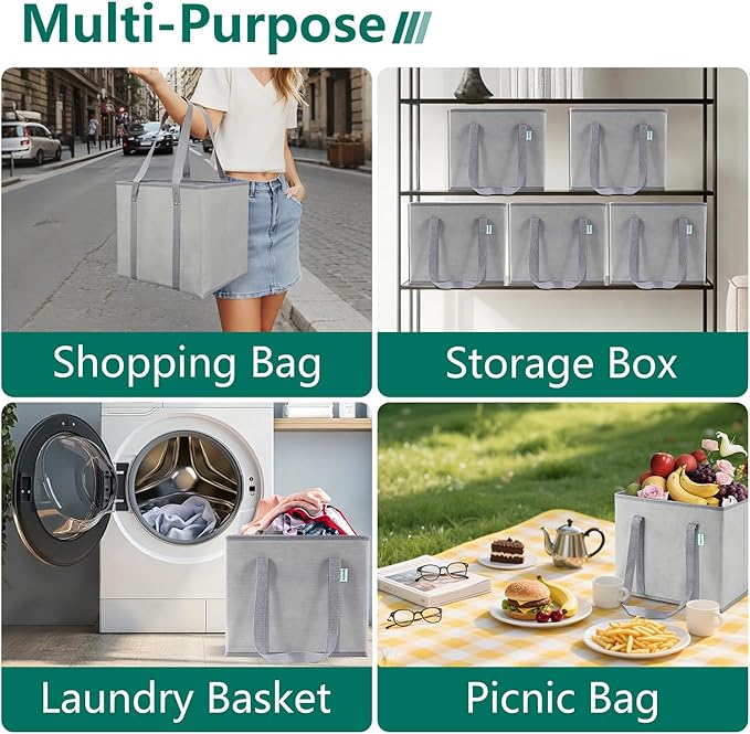 Reusable Grocery Bags Foldable 4-Pk, Heavy Duty Large Reusable Shopping Bags with Handles, Collapsible Tote