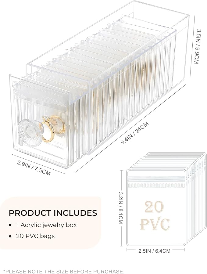 HOMEHIVE Clear Acrylic Jewelry Organizer Box with 20 Portable Pouches, Jewelry Storage Case for Women Girls, Tangle-Free, Ant