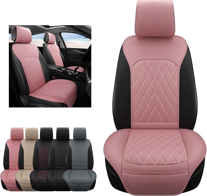 Sanwom Universal Front Leather Car Seat Covers Pink 2 Pcs Luxury Seat Covers, Anti-Slip Waterproof Auto Driver Cushions Fit S