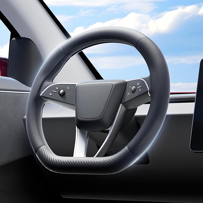 Wigoo Steering Wheel Cover for New Model Y Juniper & Model 3[Ultra-Thin, Breathable Leather] Model 3 (2024~2026)/New Model Y Juniper Accessories, for Men and Women, D Type, 14.5''-15''