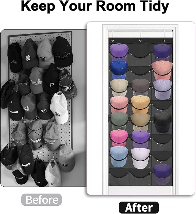 BiCINE Hat Rack for Baseball Caps, 24 Pocket Over the Door Hat Organizer with 3 Hooks, Hat Holder for Door with Large Clear P