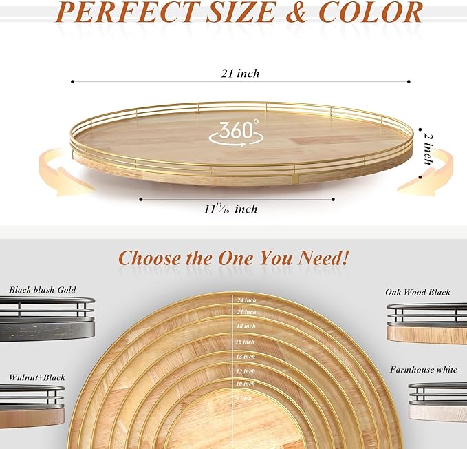 21-Inch Wooden Lazy Susan Turntable – Premium Oak & Iron, Extra Large Rotating Serving Tray for Dining Table, Kitchen Counter