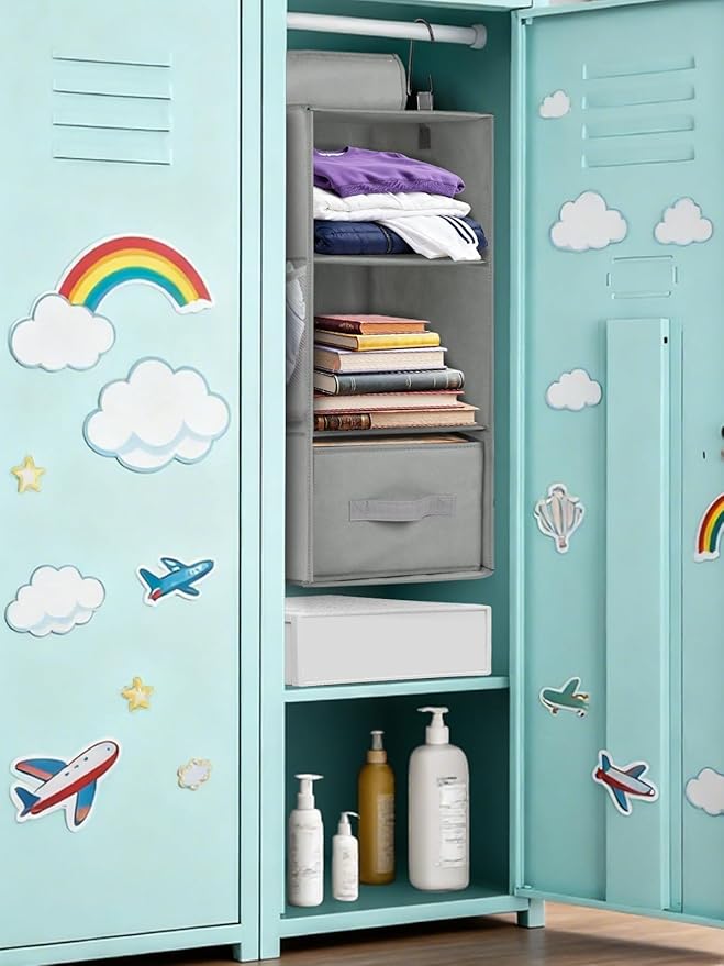 punemi 3-Shelf Hanging Closet Organizer, 2 Pack Closet Hanging Organizer with Drawers, Foldable Hanging Closet Shelves for Rv