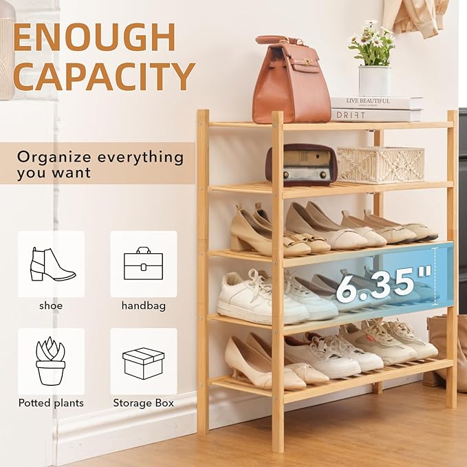 5 Tier Bamboo Shoe Rack Storage Organizer for Closet, Multifunctional Stackable Free Standing Shoe Shelf Organizer for Small 