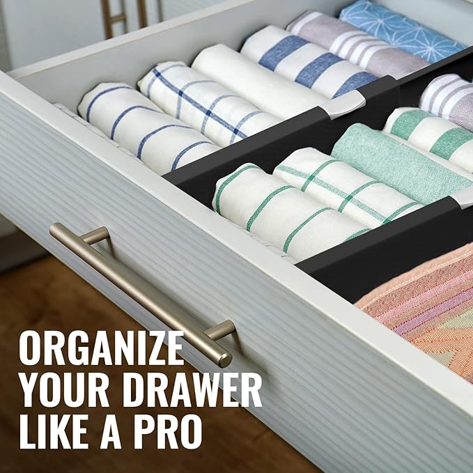 RAPTUROUS Adjustable Drawer Dividers 6 Pack, 4” High, 15.5-21” Long, Dresser Drawer Organizer for Bedroom, Closet, Kitchen, N