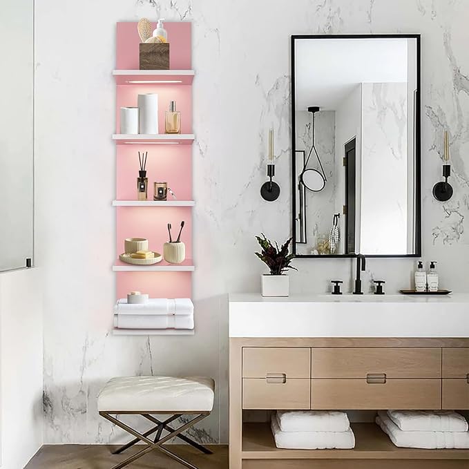 5 Tier Pink Wall Shelf Unit, Pink Shelves, Wall Shelves for Bathroom,Bedroom, Vanity Shelves, Wall Mount Vertical Lack Shelf 