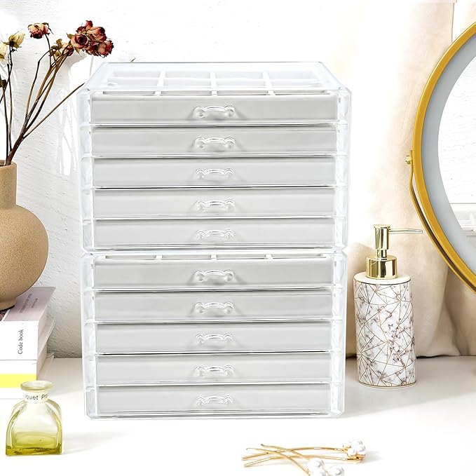 ProCase Earring Holder Organizer Jewelry Box with 10 Drawers, Acrylic Clear Earring Case with Adjustable Velvet Trays for Wom