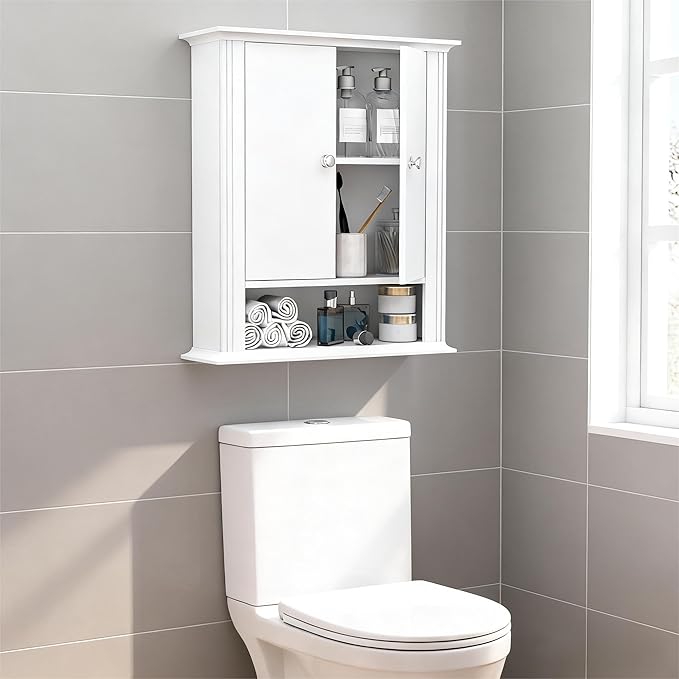 White Bathroom Wall Cabinet, Over the Toilet Storage Cabinet, Bathroom Cabinet Wall Mount, 2 Doors & Hooks, Medicine Cabinet 