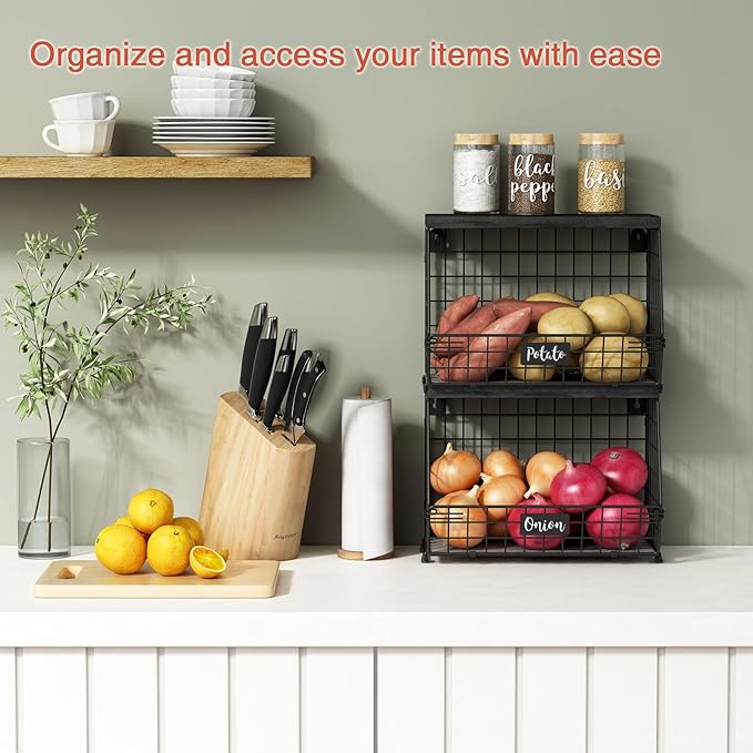 Goozii Black Kitchen Wall Hanging Storage Basket Set of 2, Rustic Stackable Kitchen Counter Fruit Organizer, Wire Baskets Con