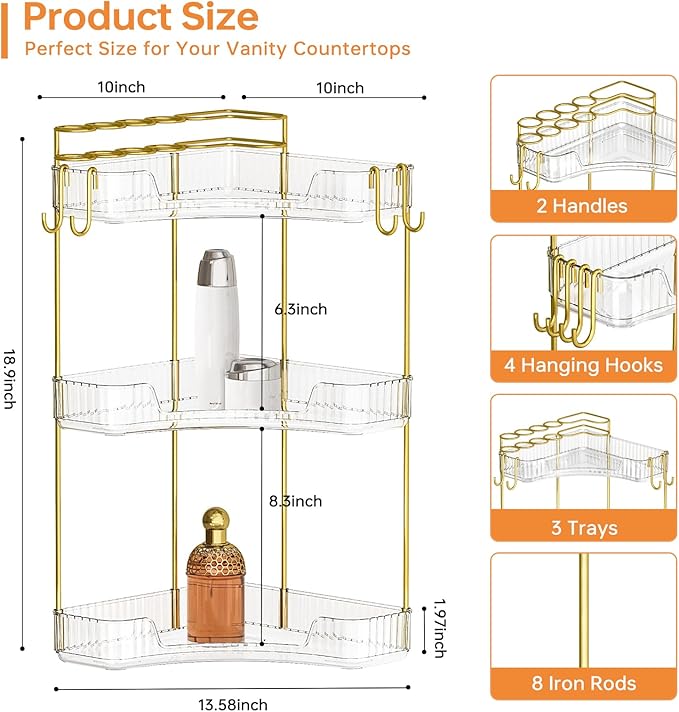 3-Tier Corner Bathroom Counter Organizer，Makeup & Skincare Shelf with Built-in Brush Holder，Space-Saving Bathroom Countertop 