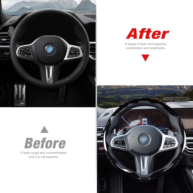 Car Steering Wheel Cover Set Bright Carbon Fiber Wrap Non-Slip 3pcs Steering Wheel Accessories 14.5-15 inch Universal (Black)