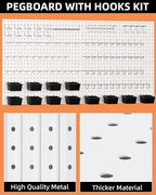 INCLY 158PCS Metal Pegboard Wall Organizer, 48x24 Inch White Pegboard Panels Tool Organizer Kit with Accessories Hooks and Bi