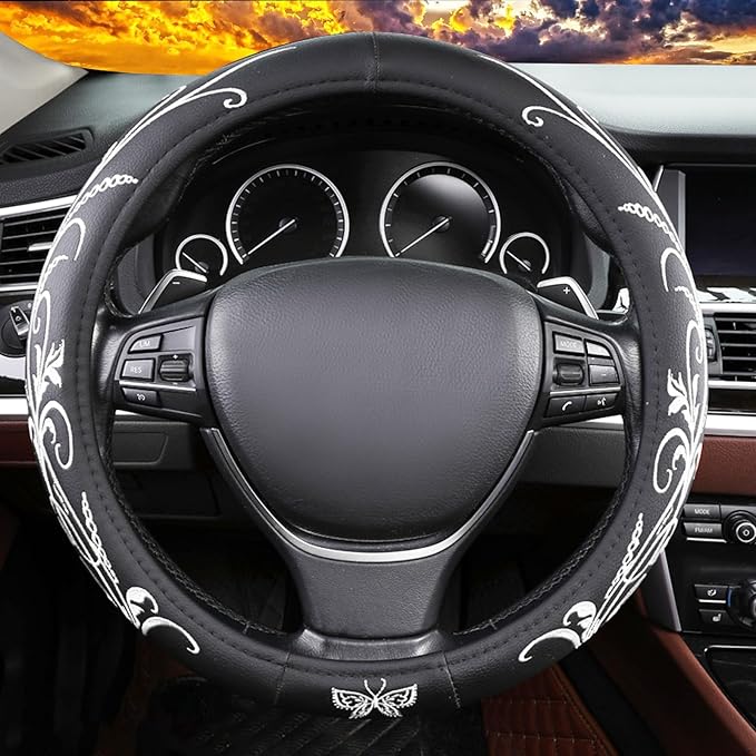 White Embroidery Butterfly Car Steering Wheel Cover,14.5-15 Inch Universal Leather Covers Breathable Anti-Slip Odorless Steer