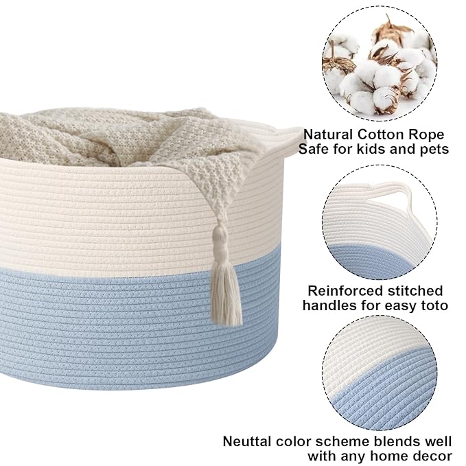 115L Extra Large Woven Cotton Rope Blanket Basket with Handles, Laundry Hamper Storage Bin for Pillows, Comforters,Clothes, T