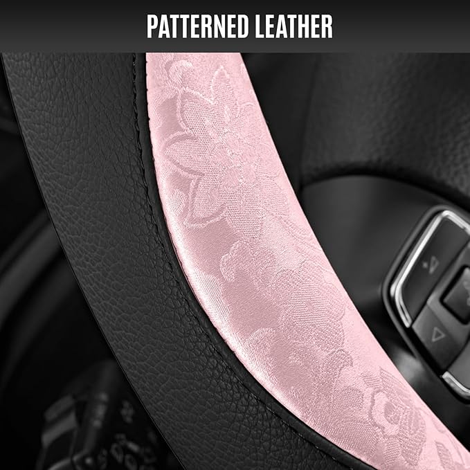 PIC AUTO Steering Wheel Cover, Pink Patterned & Black Leather Patchwork Design, Universal Fit 14.5"–15.5", Anti-Slip, Odor-Fr