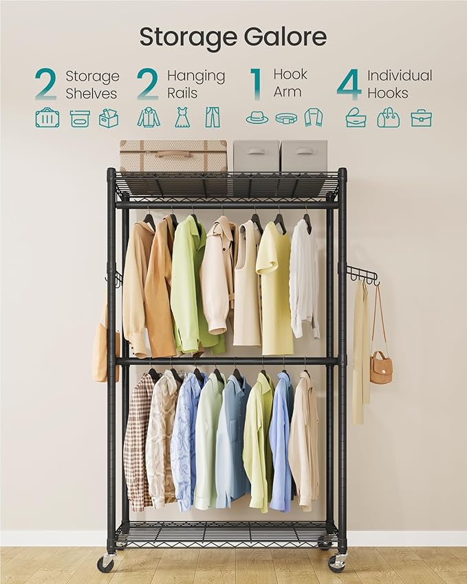 SONGMICS Heavy-Duty Rolling Clothes Rack, Garment Rack, Portable Closet on Wheels, with Adjustable Mesh Shelves and Hanging R