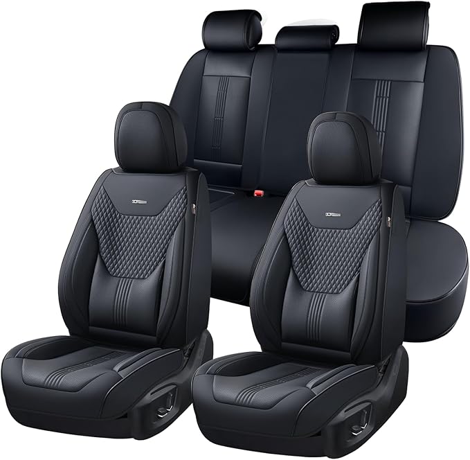 Coverado Car Seat Covers Full Set, Front Seat Covers with Lumbar Support and Back Seat Cover Waterproof Leather Automotive Se