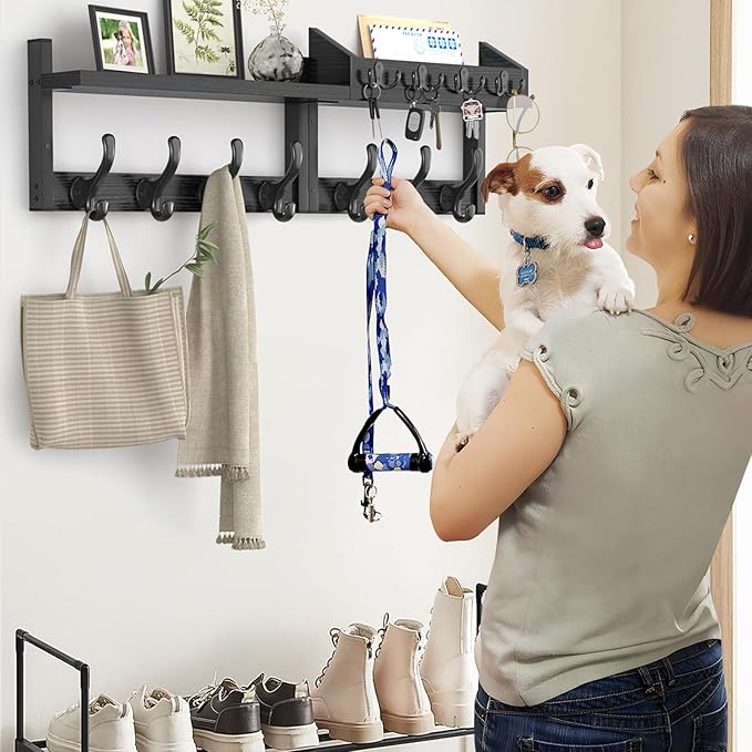 Evermagin 29" Coat Rack Wall Mount with Shelf, 4 in 1 Coat and Key Hanger with 11 Metal Hooks, Entryway Wall Mounted Shelf wi