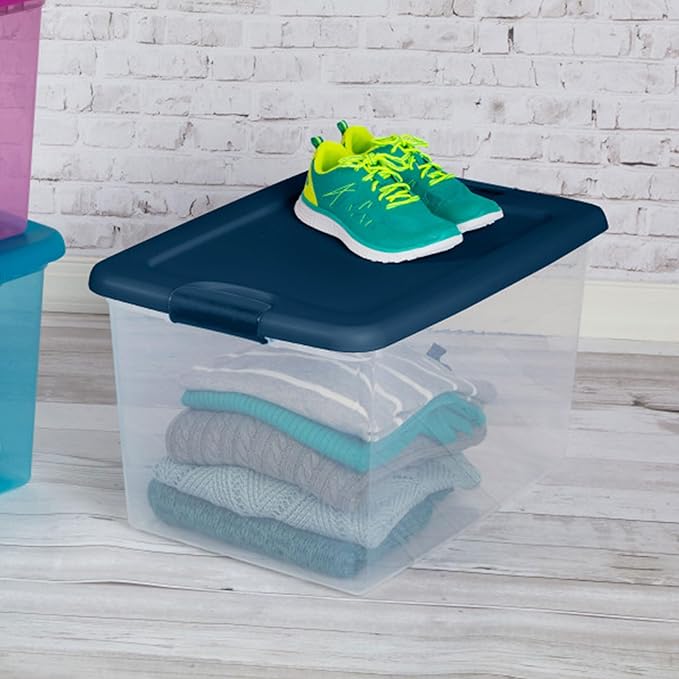 Sterilite 24-Pack Color Program, Large Clear Plastic Storage Bins with Lids, 64 Quart, Blue - Stackable Organizing Container 