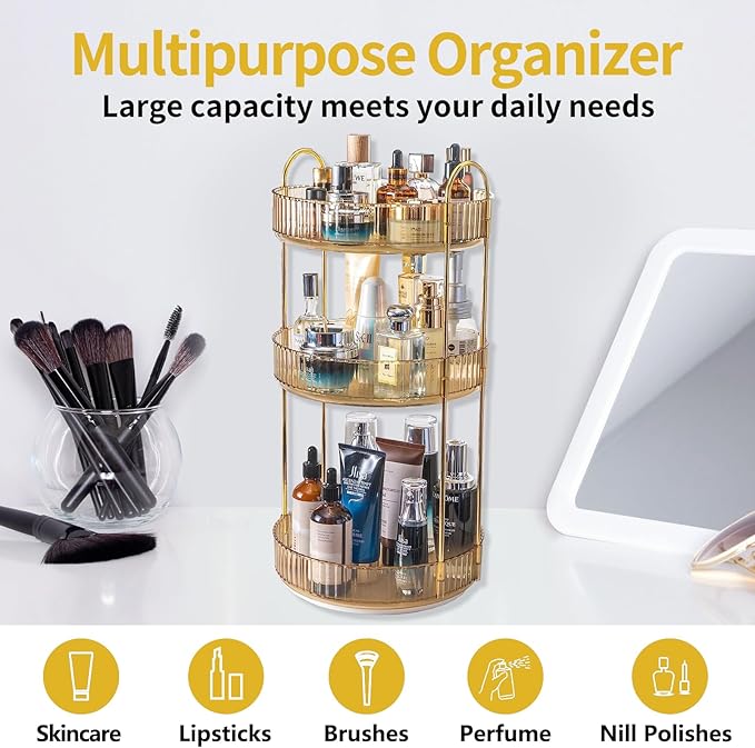 Asayuee 360 Rotating Makeup Organizer for Vanity,3 Tier Large Capacity Vanity Storage,Skincare Perfume Spinning Organizer,Bat