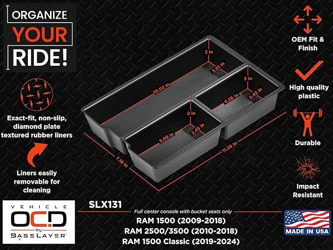 Vehicle OCD - Lower Center Console Organizer Tray for Dodge RAM 1500 (2009-18), RAM 2500/3500 (2010-18), RAM 1500 Classic (2019-24)(full console w/bucket seats ONLY) - Made in USA - SLX131