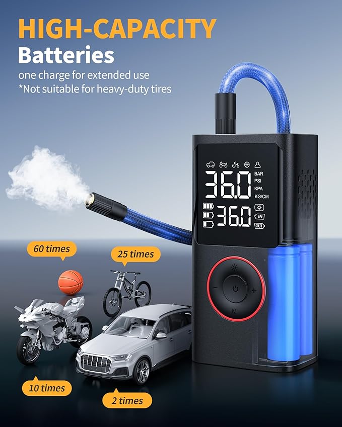 Tire Inflator Portable Air Compressor, 150 PSI Cordless Bike Pump, Air Pump for Auto, Motorcycle, Bicycle, Balls with Pressure Gauge, LED Light & Car Accessories, Black, Standard Capacity