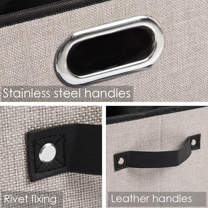 PRANDOM Large Fodable Storage Bins for Closet [3-pack] Decorative Linen Fabric Storage Bins Cubes with Leather/Metal Handles 