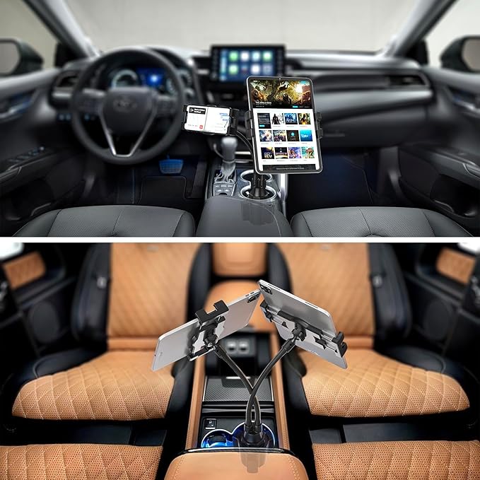 Dual Car Tablet Mount for Cup Holder, Gooseneck Car Cupholder Tablet Holder with Strong Long Arm 10" for 4-12.9" Devices, iPad Pro Air Mini, Galaxy Tabs, Huawei, iPhone, Tablets & Phones
