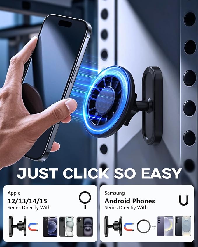 UBeesize Gym Magnetic Phone Holder, 1-Sec Install 360° Adjustable Ball Joint and Durable Base, Dual Magnetic Phone Mount with Smartphones, Works on Any Surface (Metal Plate and Ring Included)