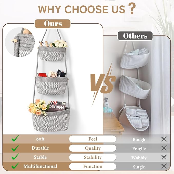 Hanging Storage Baskets, Over the Door Basket, Cotton Wall Baskets Storage, Hanging Door Basket with 4 Hooks