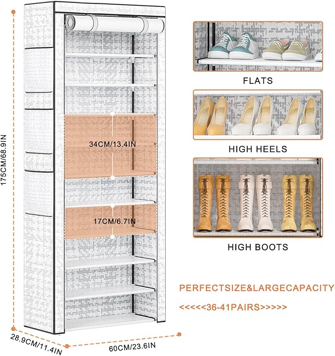 OYREL Shoes Rack 10 Tier Tall Shoe Rack with Storage Pockets, Fabric Covered Shoe Racks,Metal Shoes Rack Organizer for Closet