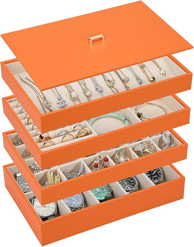 Voova Stackable Jewelry Organizer Tray with Lid, PU Leather Jewelry Storage Holder for Drawer Inserts, Jewellery Display Box 