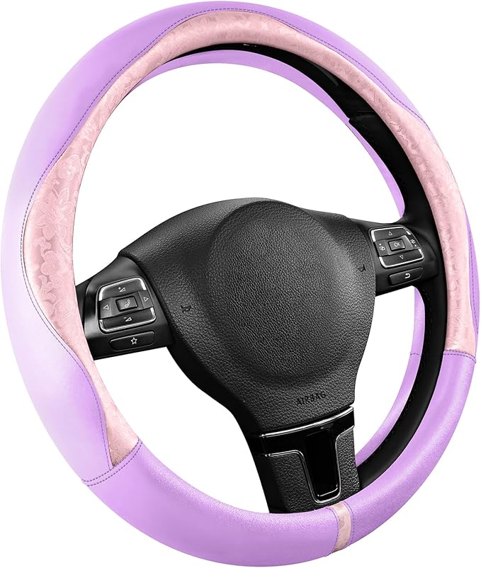 PIC AUTO Steering Wheel Cover, Pink Patterned & Light Purple Leather Patchwork Design, Universal Fit 14.5"–15.5", Anti-Slip, 