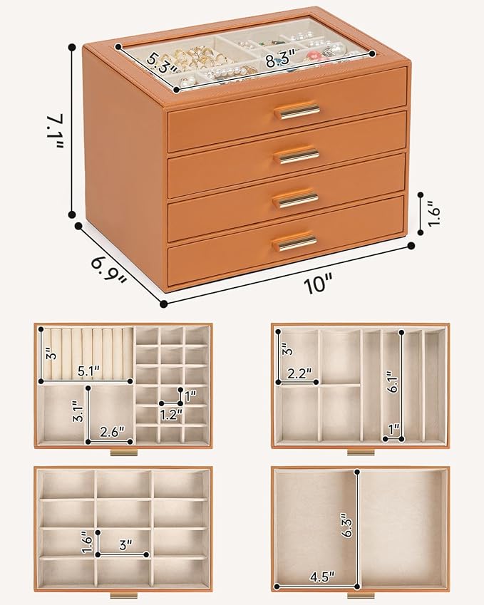 AKOZLIN Jewelry Box with Clear Lid Functional Leather Jewelry Storage Organizer Case 4 Drawers for Women Girls Necklace Ring 