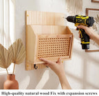 Rattan Mail and Key Holder Wall Mounted, Wood Magazine Mail Sorter Rack Wall Organizer with 2 Slots 3 Hooks for Coat, Dog Lea