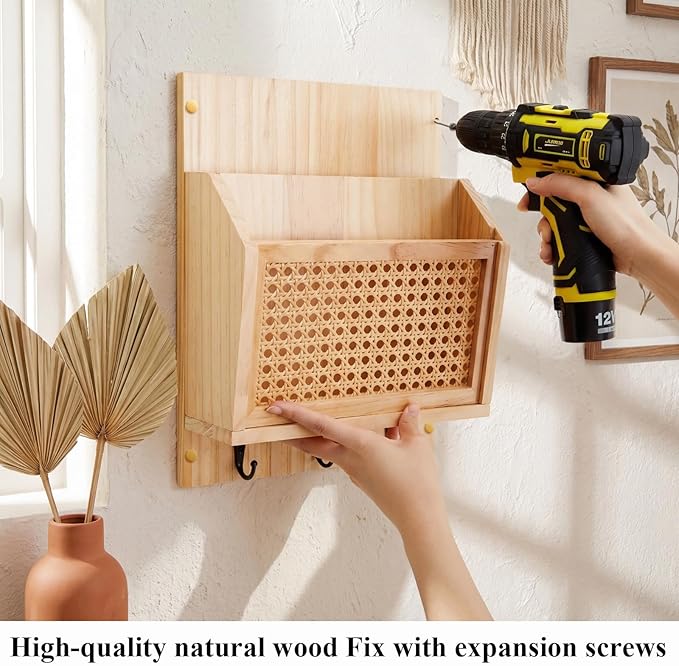Rattan Mail and Key Holder Wall Mounted, Wood Magazine Mail Sorter Rack Wall Organizer with 2 Slots 3 Hooks for Coat, Dog Lea