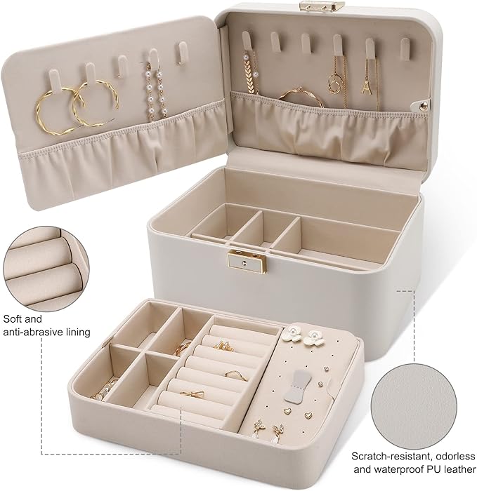 KAMIER Jewelry Box, 2 Layers PU Leather Jewelry Organizer Box, Large Capacity, Double Lock and Large Mirror, Hidden Necklace 