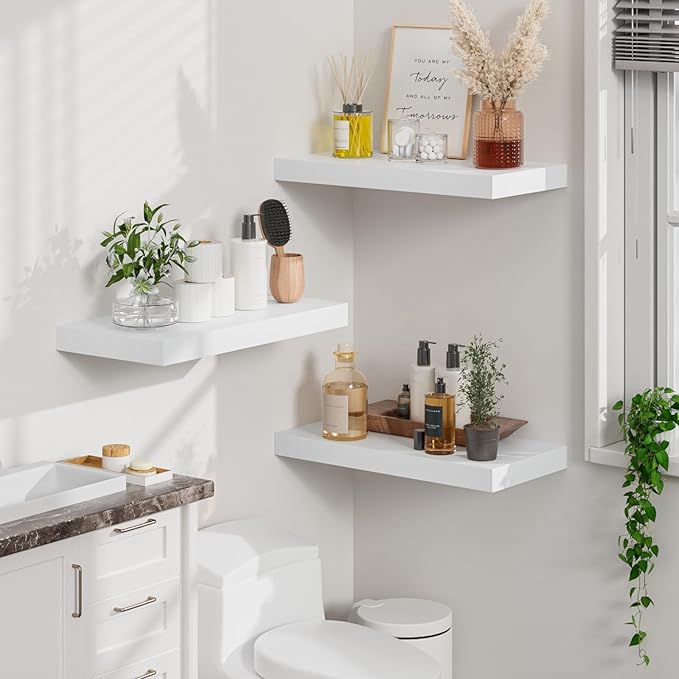 Heimlove 12" Deep White Floating Shelves for Wall, 24 Inch Shelf Bathroom Shelves Set of 2, Mounted Shelves for Books Living 